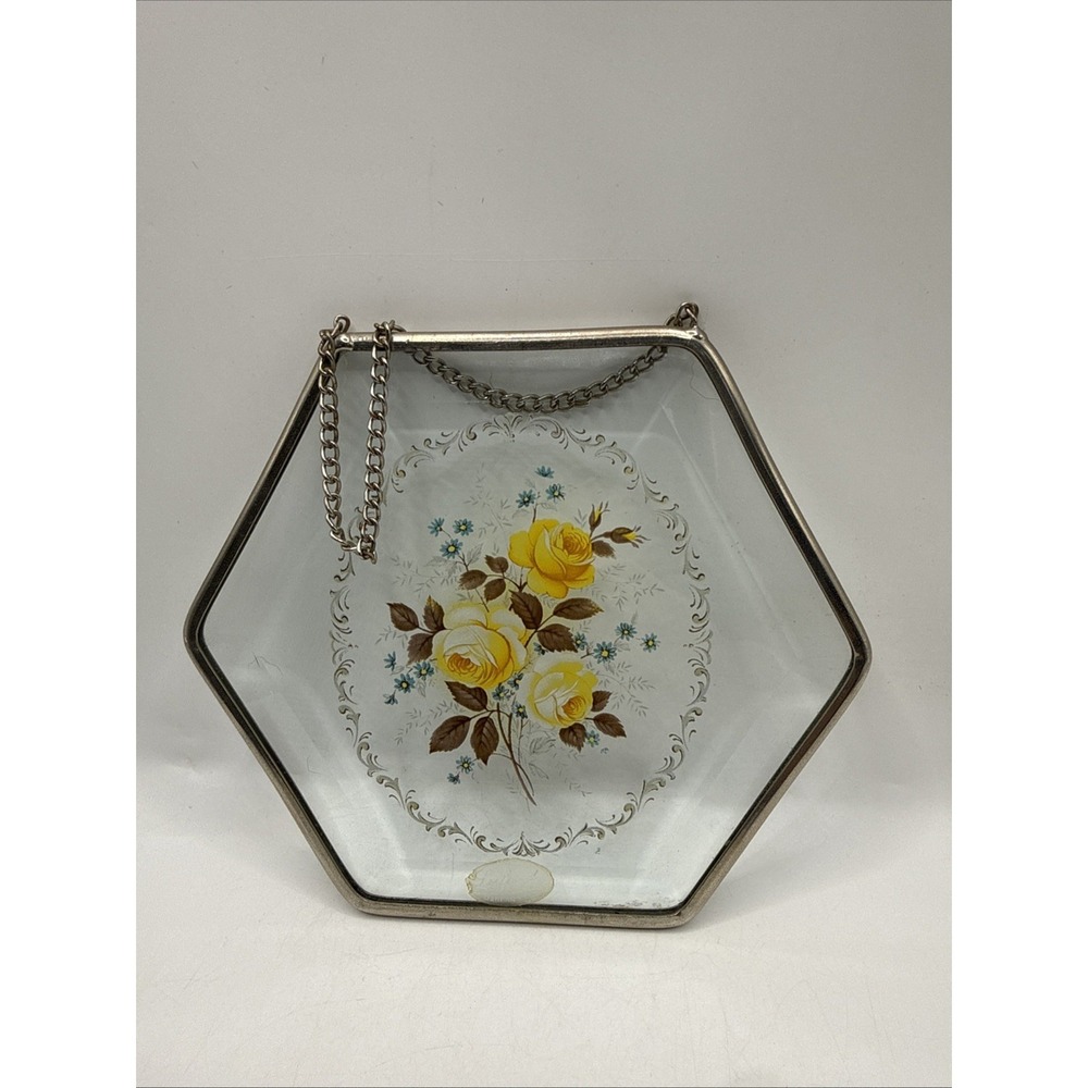 Vintage Lyford Beveled Glass Suncatcher Art Glass W/ Yellow Roses Blue Daisies